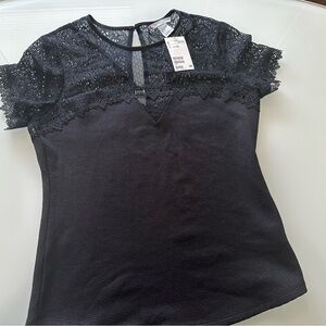 H&M Black Lace Fitted Short Sleeve Blouse